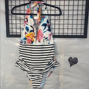 Cupshe Floral and Stripe Halter One Piece Swimsuit